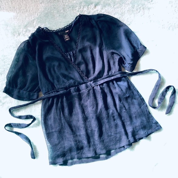 H&M Tops - H&M | Crepe Navy Blue Cross Front Tie Back Blouse